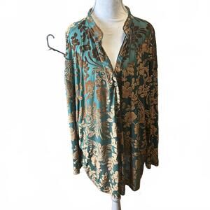 SHEIN curve burn out velvet gold turquoise floral turquoise 3xl roll tab sleeve